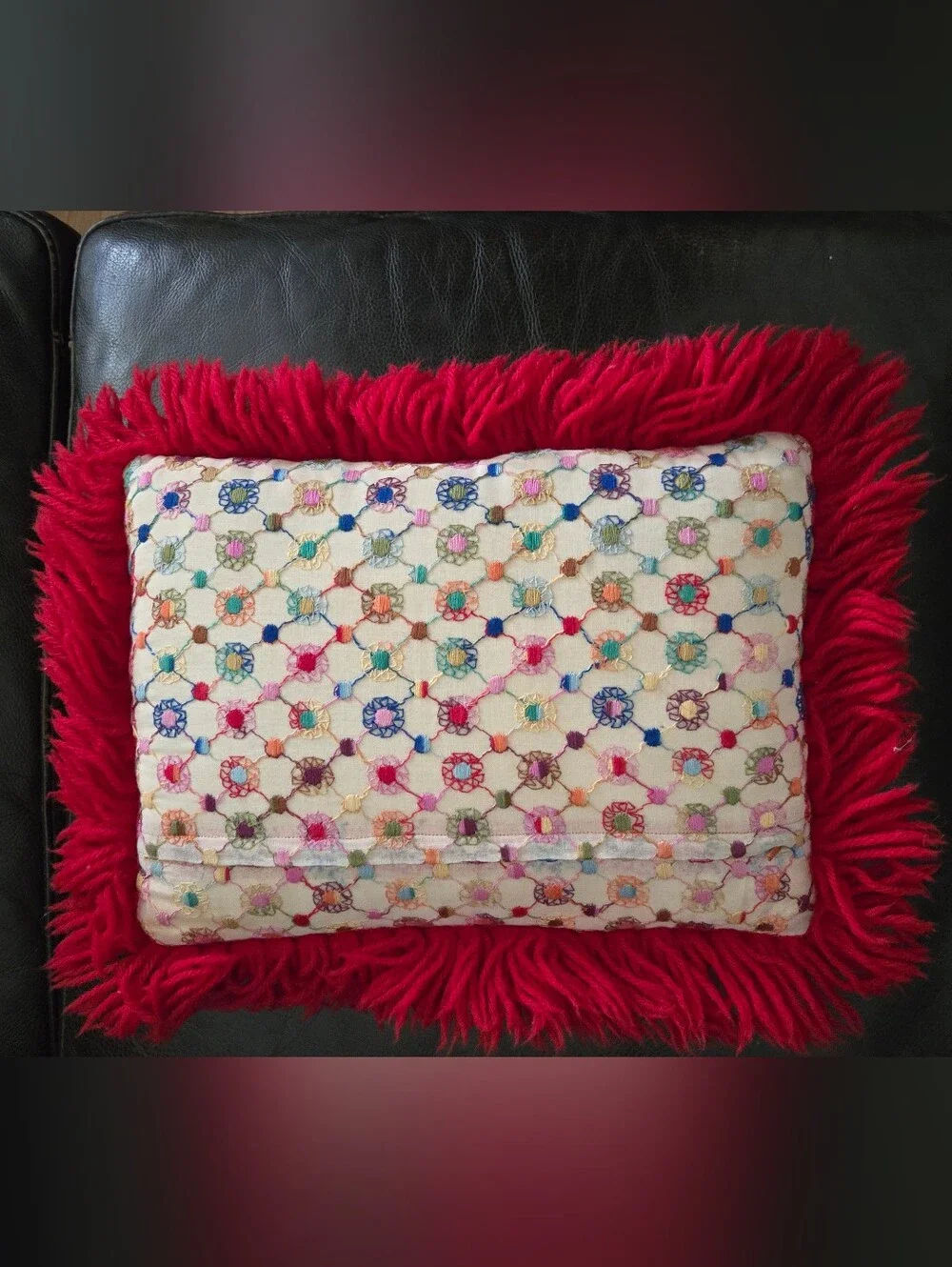 Vintage Embroidered Multicolor Decorative Throw Pillow with Red Fringe